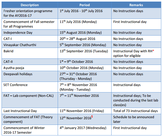 vit academic calender 2016