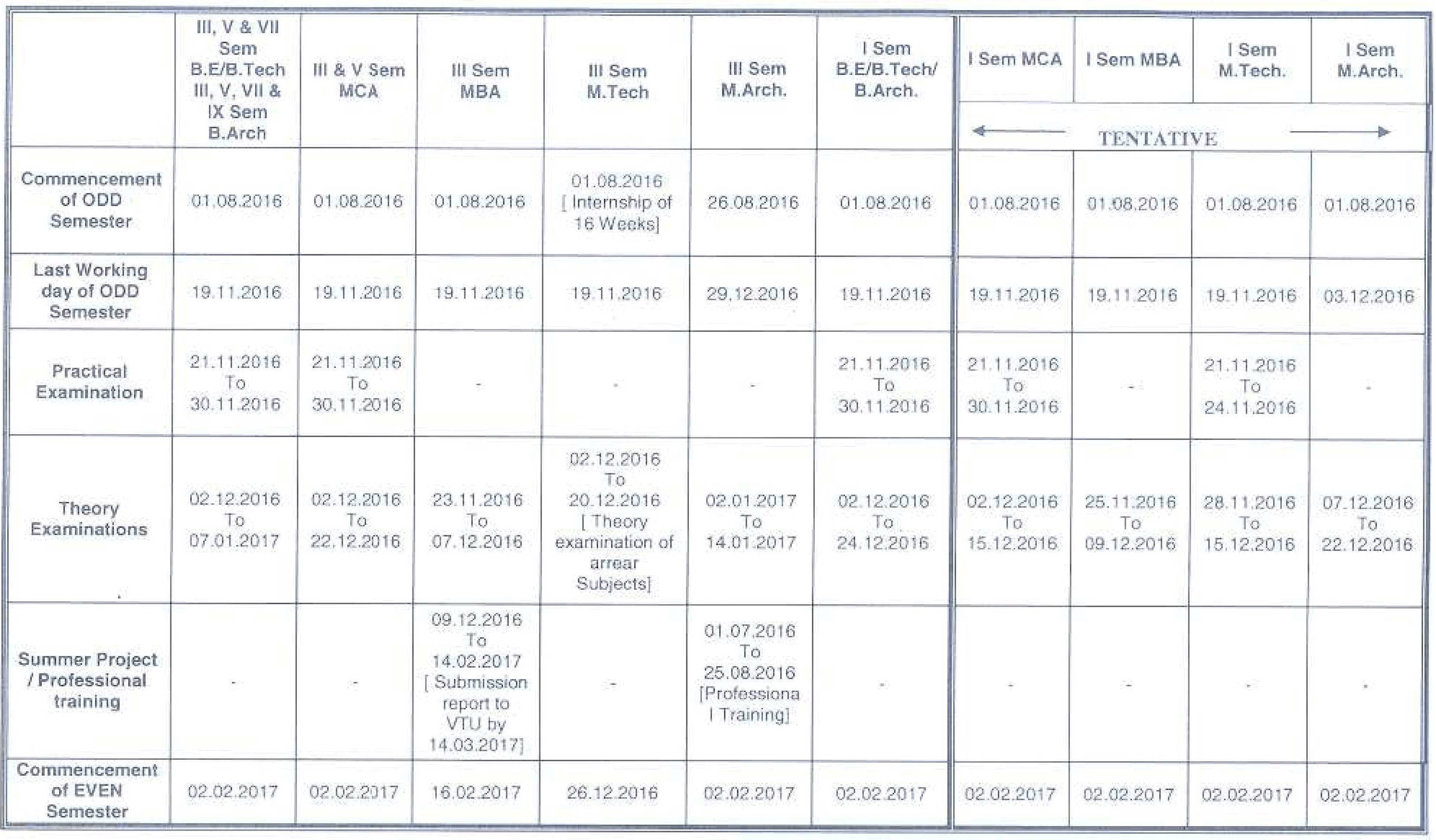 vtu academic calender